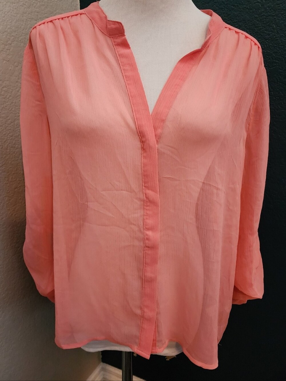 Jennifer Lopez Coral Split-Neck Sheer Blouse